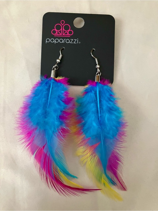 paparazzi Jewelry - Paparazzi Vibrant Blue Pink Yellow Feather Dangle Earrings